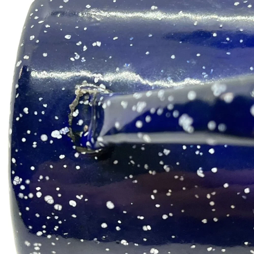 Coffee Mug Blue Speckled Enamel Graniteware Man BBQ Cooking Brick Oven Decor